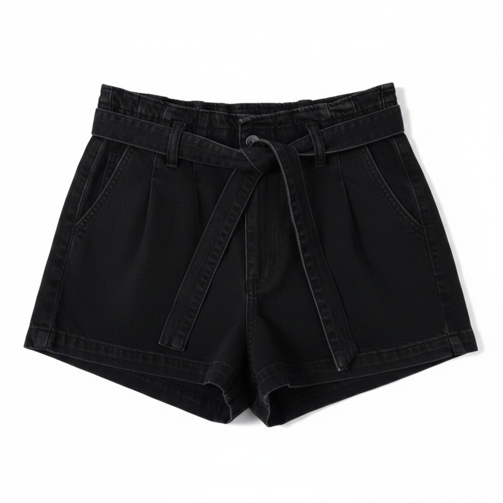 American Eagle Jean Shorts Womens 6 Black Mom Paperbag High Rise Belted Denim 3"